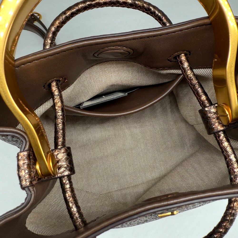 Donna Karan Drawstring Bucket Bag W/ Metallic Snake Print Leather - Picture 6 of 16